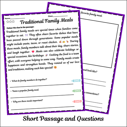 Traditional Family Meals | Short Reading Comprehension Creative Worksheet