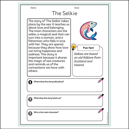 The Selkie | Reading Passage Comprehension Questions Writing Facts Worksheet