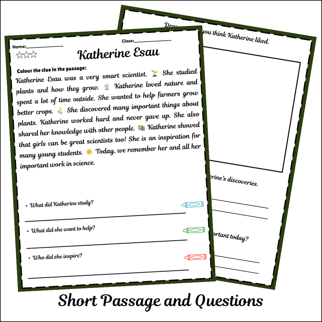 Katherine Esau | Short Reading Comprehension Creative Worksheet