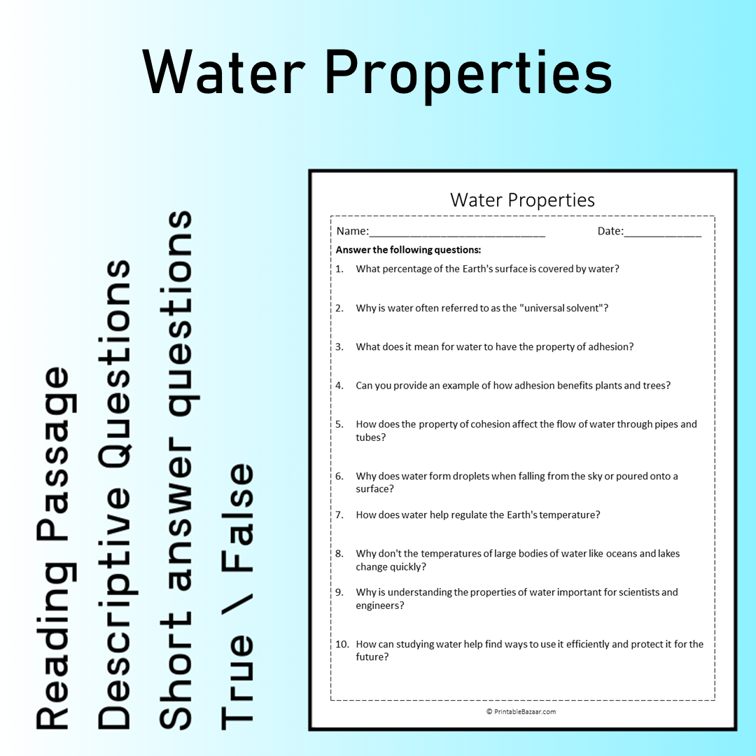 Water Properties | Reading Comprehension Passage Printable Worksheet