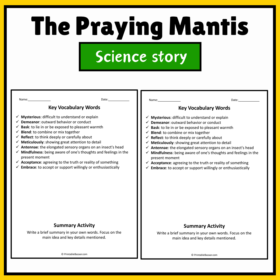 The Praying Mantis | Science Story Reading Comprehension Activity