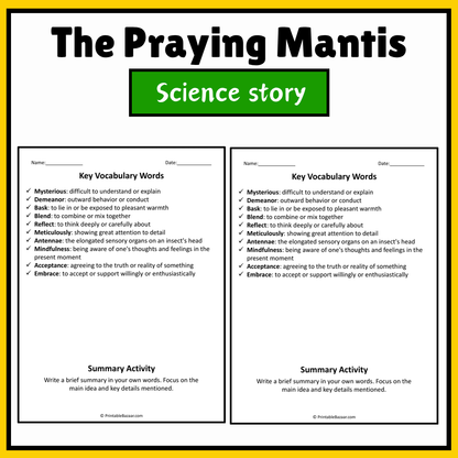 The Praying Mantis | Science Story Reading Comprehension Activity