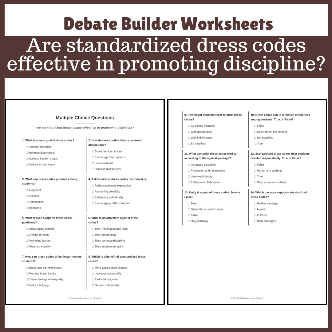 Are standardized dress codes effective in promoting discipline? | Favour and Against Worksheet Printable Activity