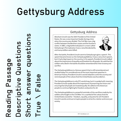 Gettysburg Address | Reading Comprehension Passage Printable Worksheet