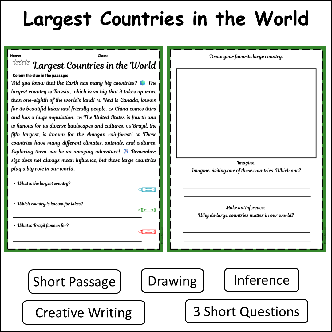Largest Countries in the World | Short Reading Comprehension Creative Worksheet