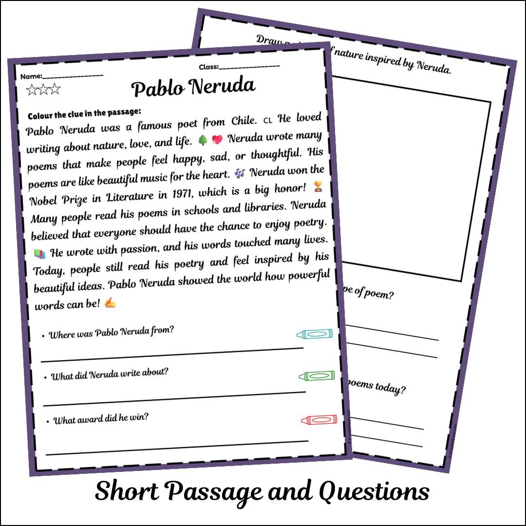 Pablo Neruda | Short Reading Comprehension Creative Worksheet