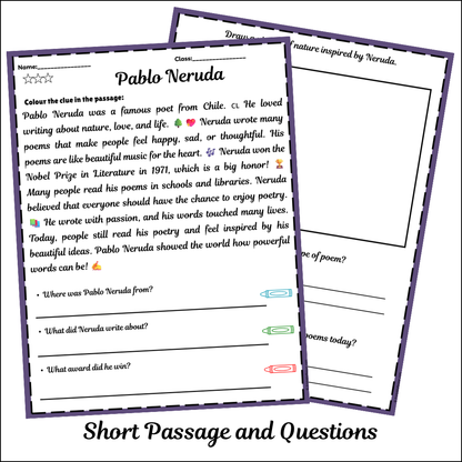 Pablo Neruda | Short Reading Comprehension Creative Worksheet