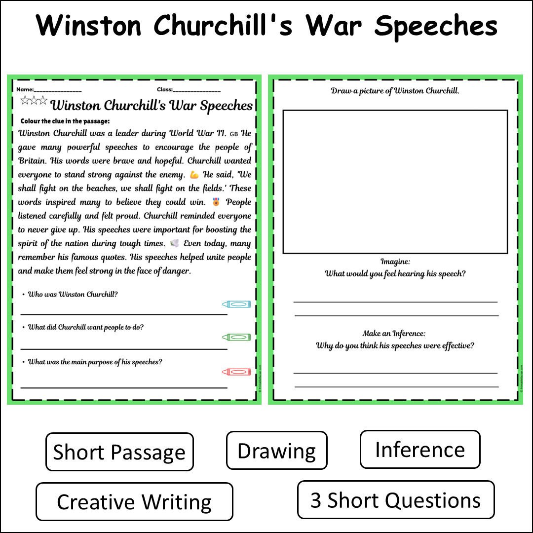Winston Churchill's War Speeches | Short Reading Comprehension Creative Worksheet