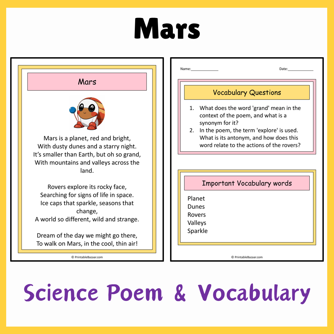 Mars | Science Poem Reading Comprehension Activity