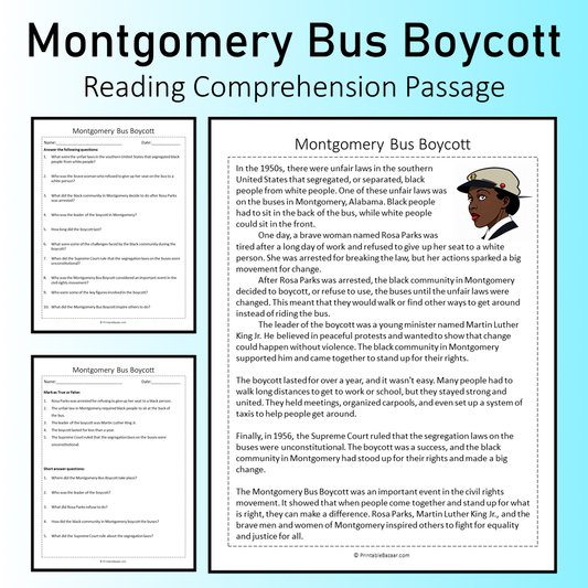 Montgomery Bus Boycott | Reading Comprehension Passage Printable Worksheet