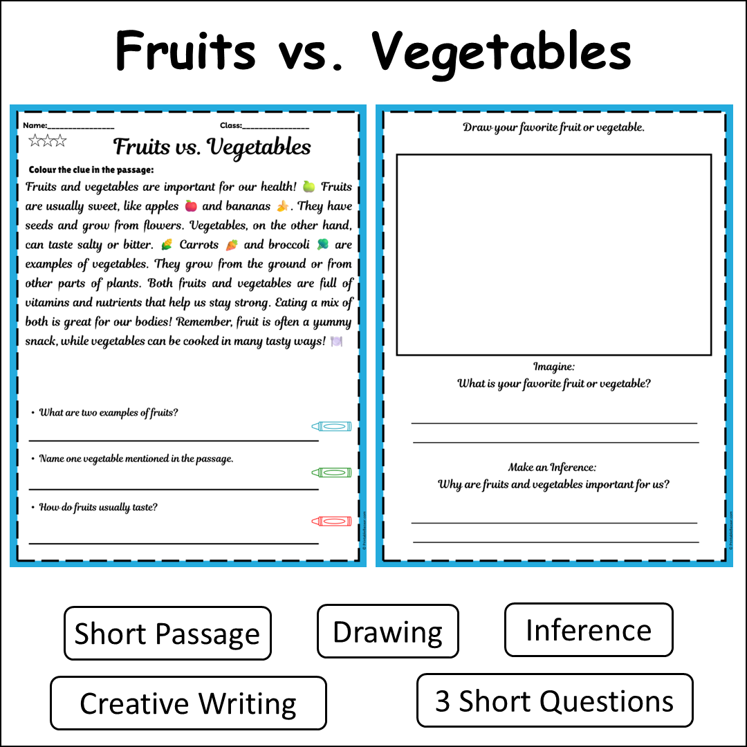 Fruits vs. Vegetables | Short Reading Comprehension Creative Worksheet