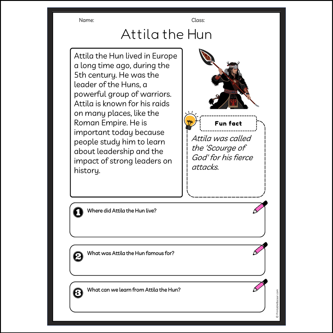 Attila the Hun | Reading Passage Comprehension Questions Writing Facts Worksheet