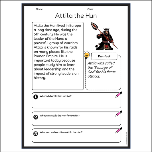 Attila the Hun | Reading Passage Comprehension Questions Writing Facts Worksheet