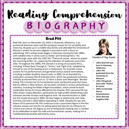 Brad Pitt | Biography Reading Comprehension and Questions Worksheet