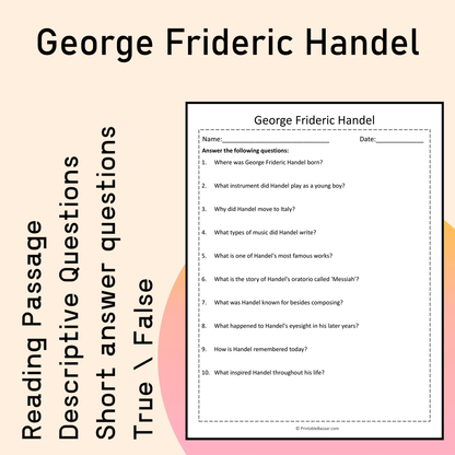 George Frideric Handel | Reading Comprehension Passage Printable Activity