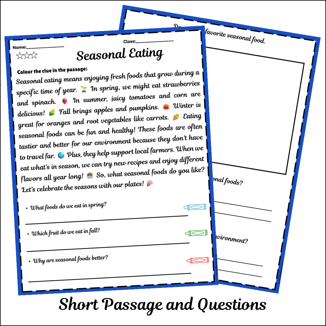 Seasonal Eating | Short Reading Comprehension Creative Worksheet