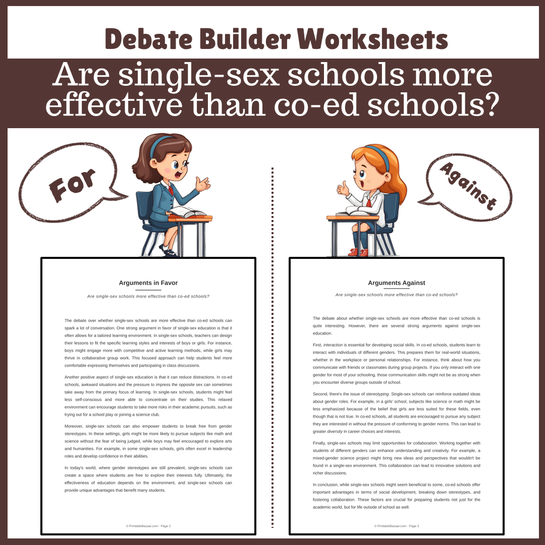 Are single-sex schools more effective than co-ed schools? | Favour and Against Worksheet Printable Activity