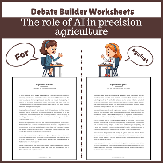 The role of AI in precision agriculture | Favour and Against Worksheet Printable Activity