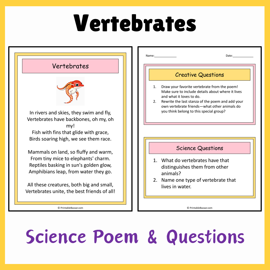 Vertebrates | Science Poem Reading Comprehension Activity