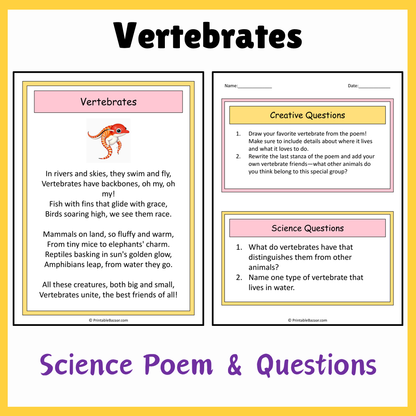 Vertebrates | Science Poem Reading Comprehension Activity