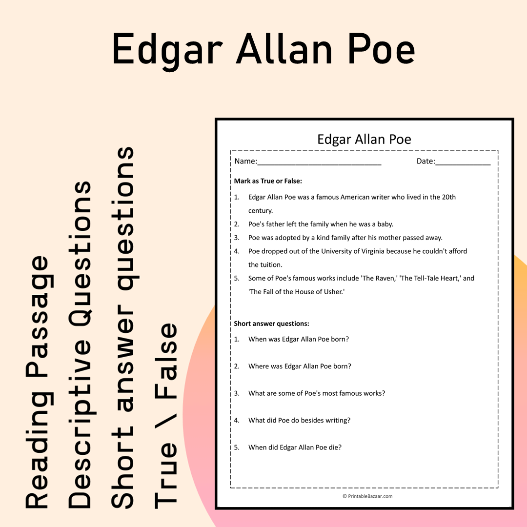Edgar Allan Poe | Reading Comprehension Passage Printable Activity