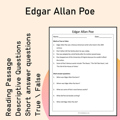 Edgar Allan Poe | Reading Comprehension Passage Printable Activity