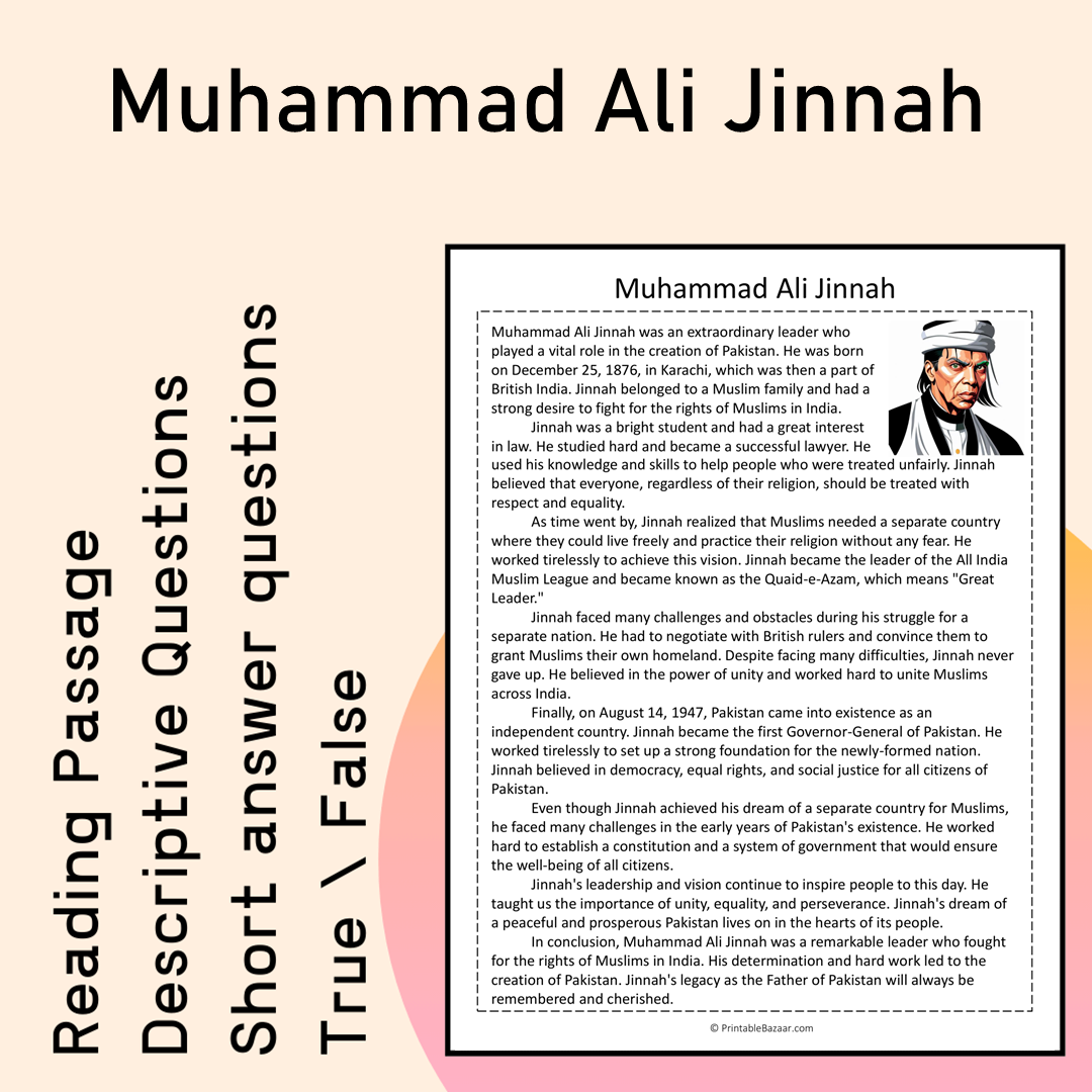 Muhammad Ali Jinnah | Reading Comprehension Passage Printable Activity