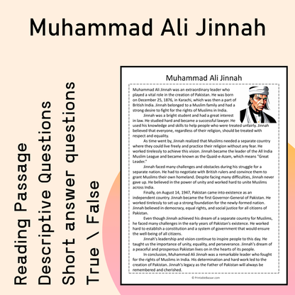 Muhammad Ali Jinnah | Reading Comprehension Passage Printable Activity