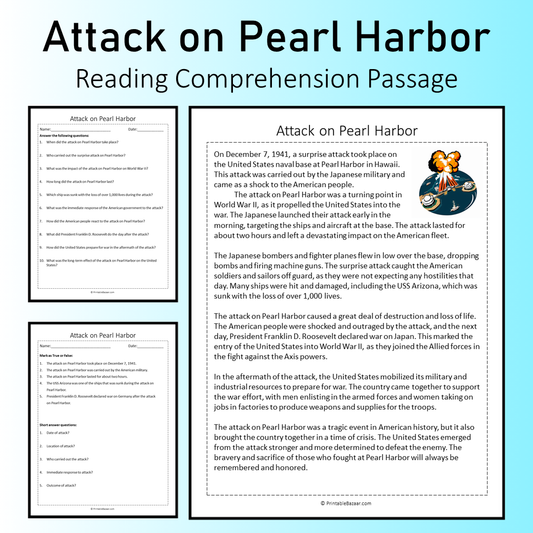 Attack on Pearl Harbor | Reading Comprehension Passage Printable Worksheet