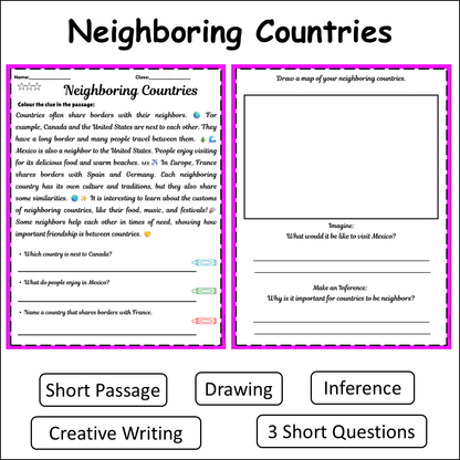 Neighboring Countries | Short Reading Comprehension Creative Worksheet