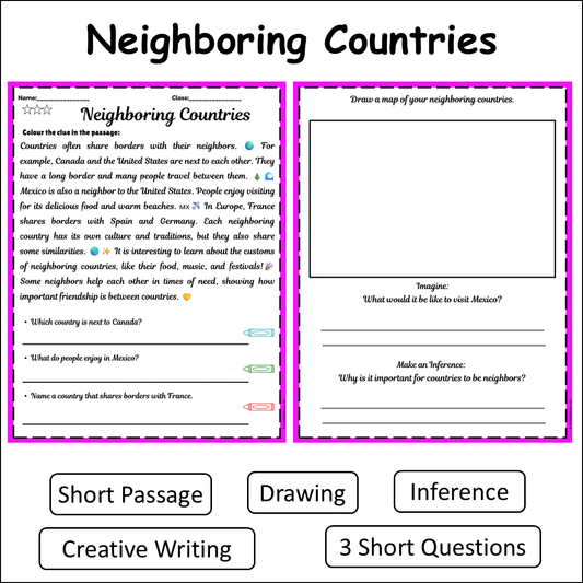 Neighboring Countries | Short Reading Comprehension Creative Worksheet