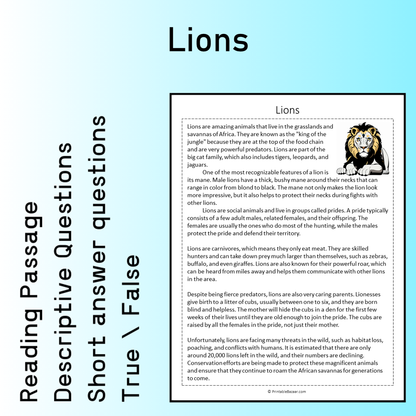 Lions | Reading Comprehension Passage Printable Worksheet
