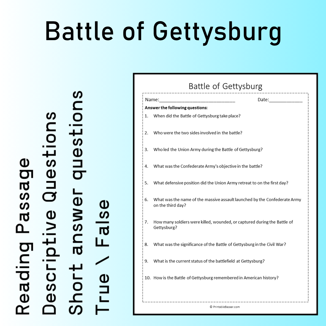 Battle of Gettysburg | Reading Comprehension Passage Printable Worksheet