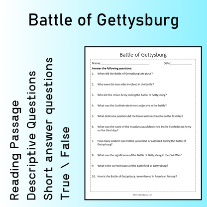 Battle of Gettysburg | Reading Comprehension Passage Printable Worksheet