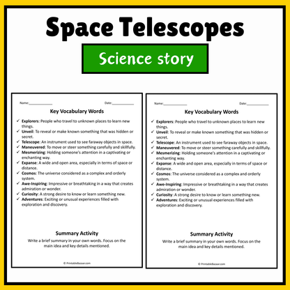 Space Telescopes | Science Story Reading Comprehension Activity