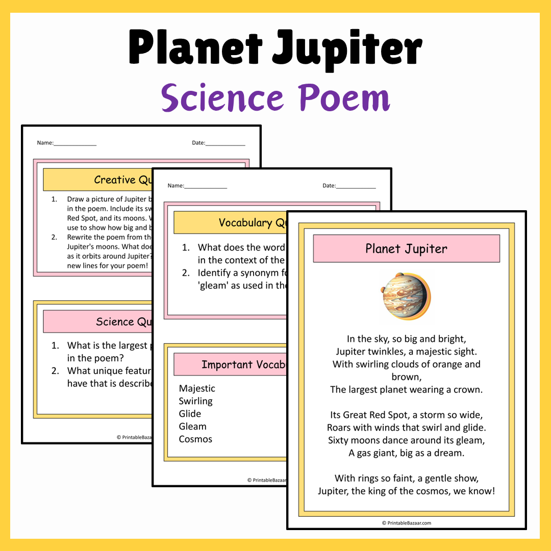 Planet Jupiter | Science Poem Reading Comprehension Activity