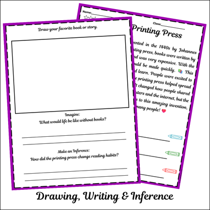 The Printing Press | Short Reading Comprehension Creative Worksheet