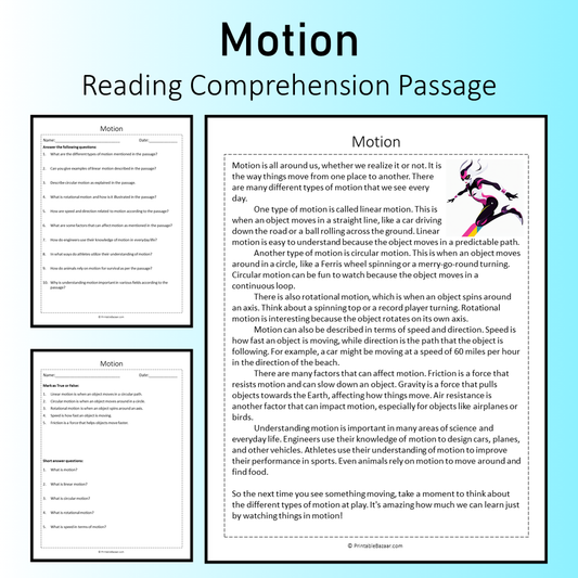Motion | Reading Comprehension Passage Printable Worksheet