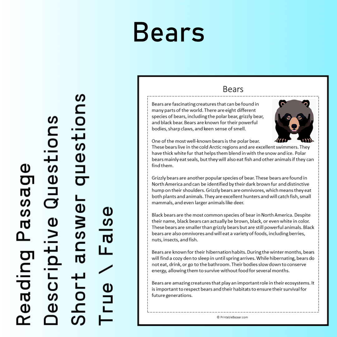 Bears | Reading Comprehension Passage Printable Worksheet