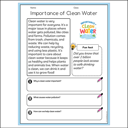 Importance of Clean Water | Reading Passage Comprehension Questions Writing Facts Worksheet