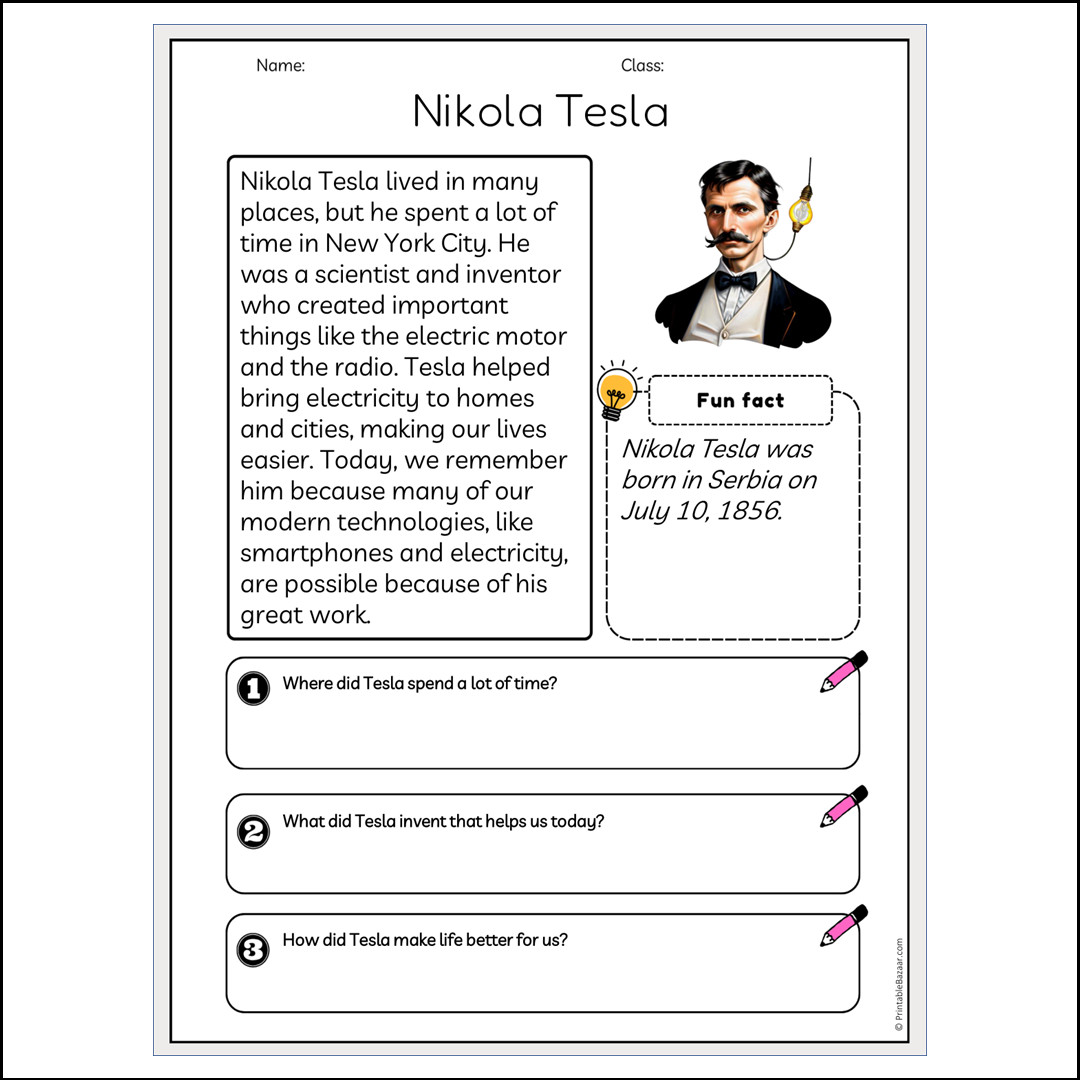 Nikola Tesla | Reading Passage Comprehension Questions Writing Facts Worksheet