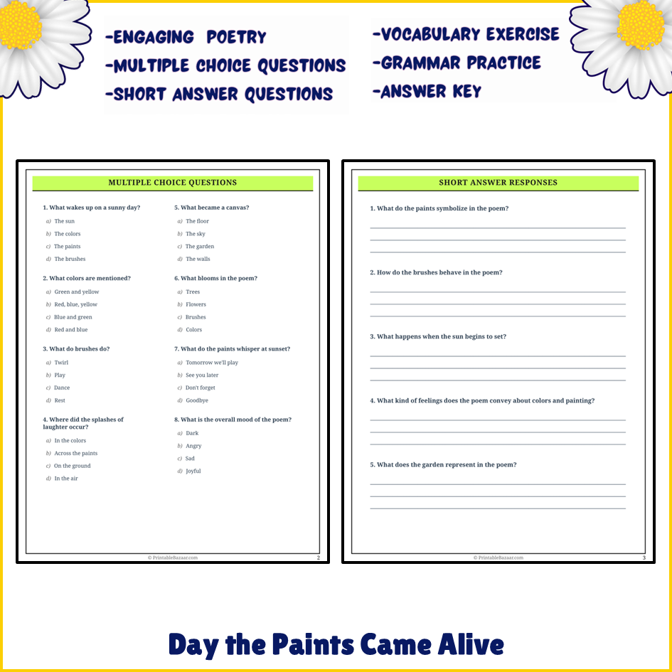 Day the Paints Came Alive | Poem Grammar Worksheet Printable Activity