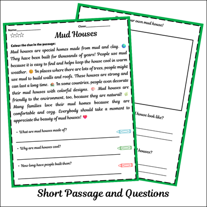 Mud Houses | Short Reading Comprehension Creative Worksheet