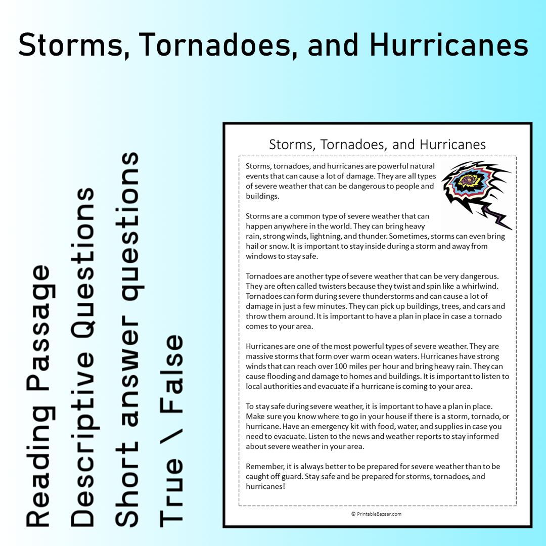 Storms, Tornadoes, and Hurricanes | Reading Comprehension Passage Printable Worksheet