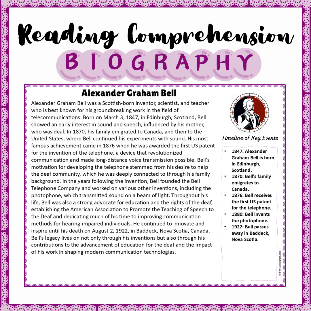 Alexander Graham Bell | Biography Reading Comprehension and Questions Worksheet