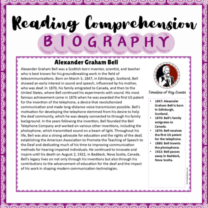 Alexander Graham Bell | Biography Reading Comprehension and Questions Worksheet