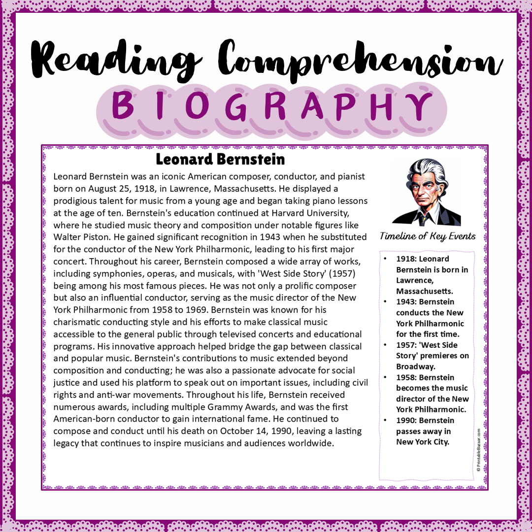 Leonard Bernstein | Biography Reading Comprehension and Questions Worksheet