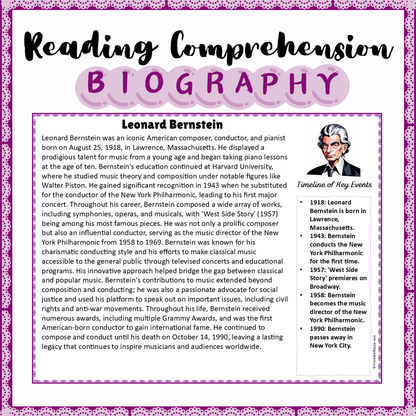 Leonard Bernstein | Biography Reading Comprehension and Questions Worksheet