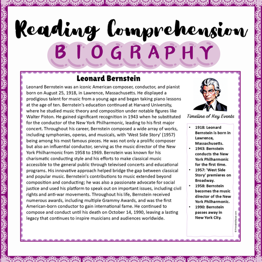 Leonard Bernstein | Biography Reading Comprehension and Questions Worksheet