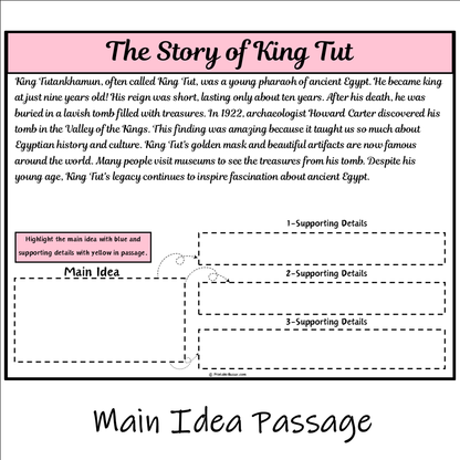 The Story of King Tut | Main Idea and Supporting Details Reading Passage and Questions